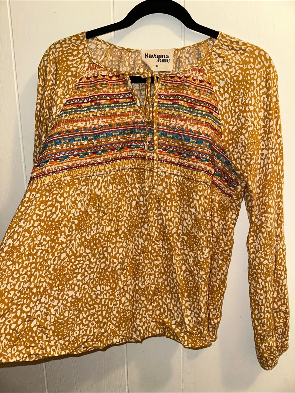 Savanna Jane Mustard Printed Peasant Blouse with Embroidered Yoke